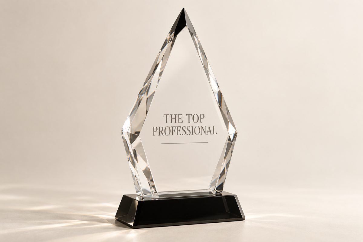 A faceted optical crystal award with a black tip and base, engraved with the words The Top Professional.