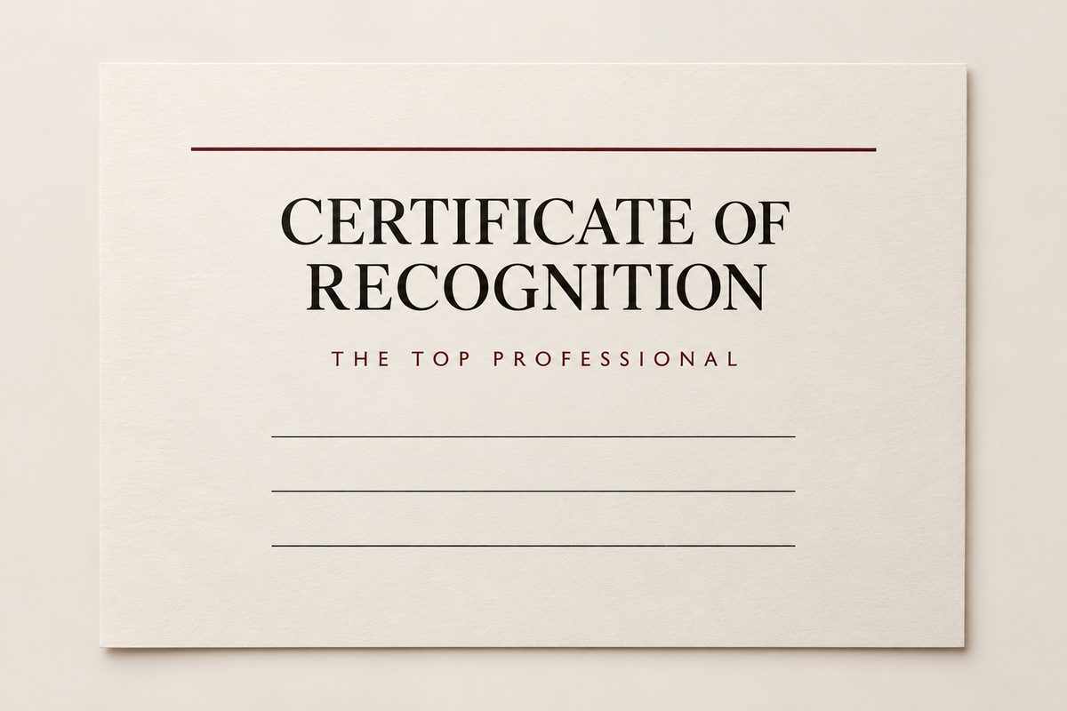 A certificate of recognition from The Top Professional, with blank ruled lines where a name and a date are engraved.