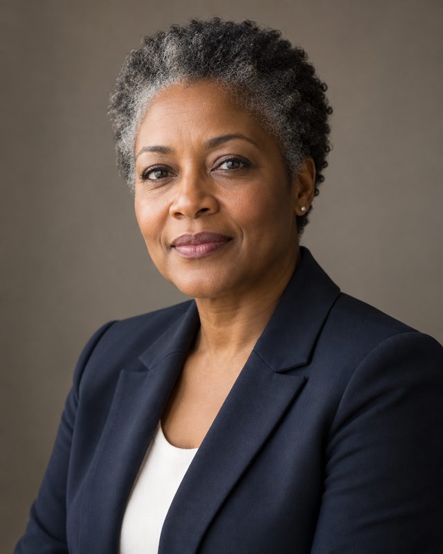 A woman in her fifties with short grey-flecked hair, in a dark navy blazer, photographed from the chest up against a plain warm grey background.