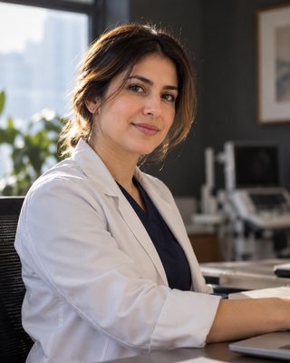 A portrait of a professional working in obstetrics and high risk pregnancy care, a wider frame with the room visible behind, turned three quarters to camera left, against a deep charcoal ground.