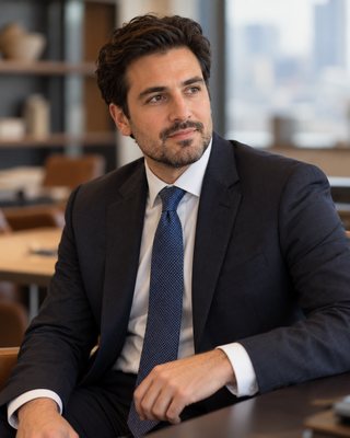 A portrait of a professional working in commercial real estate and development law, from the waist up, turned three quarters to camera right, against an interior thrown well out of focus.