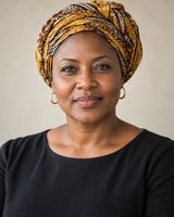 A woman in her forties wearing a patterned ochre headwrap and a simple dark top, photographed from the chest up against a plain pale background.