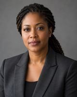 A woman in her forties with braided hair pulled back, in a dark charcoal suit, photographed from the chest up against a plain mid-grey background.