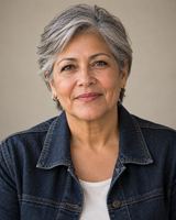 A woman in her sixties with short silver hair, in a dark denim jacket, photographed from the chest up against a plain sandy background.