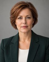 A woman in her fifties with short auburn hair, in a dark green blazer, photographed from the chest up against a plain light grey background.
